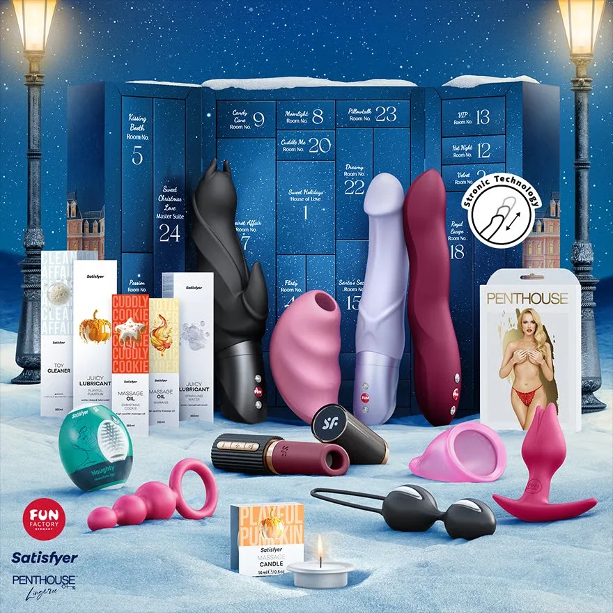 La caja y los productos del Calendario de adviento Satisfyer Premium 2025