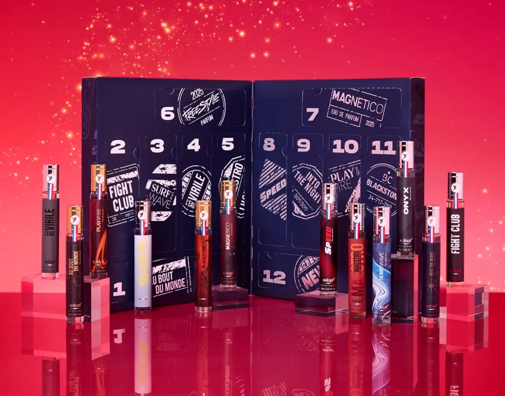 La caja abierta y los perfumes del Calendario Adopt 2025 Le Collector Homme