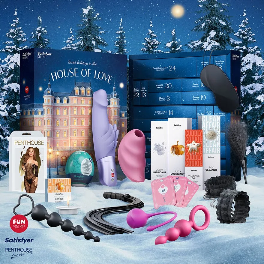 La caja y los productos del Calendario de adviento Satisfyer Deluxe 2025