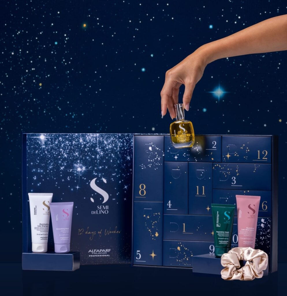 La caja y algunos de los productos del Calendario de adviento Alfaparf Milano 2025 La caja y algunos de los productos del Calendario de adviento Alfaparf Milano 2025