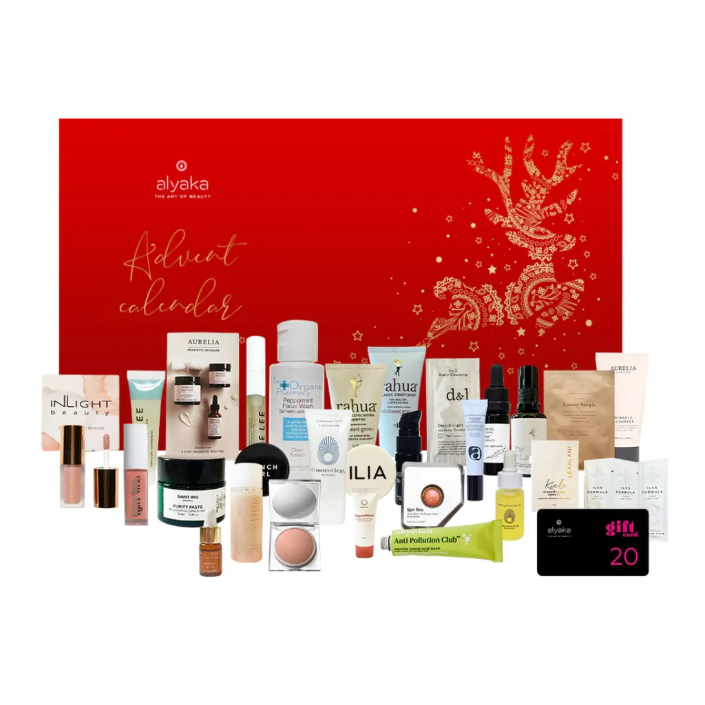 La caja y los productos del Calendario de adviento Alyaka 2025