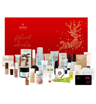 La caja y los productos del Calendario de adviento Alyaka 2025