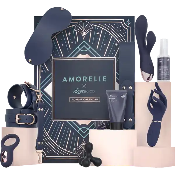 La caja y algunos de los productos del Calendario de adviento Amorelie Loveboxxx 2025