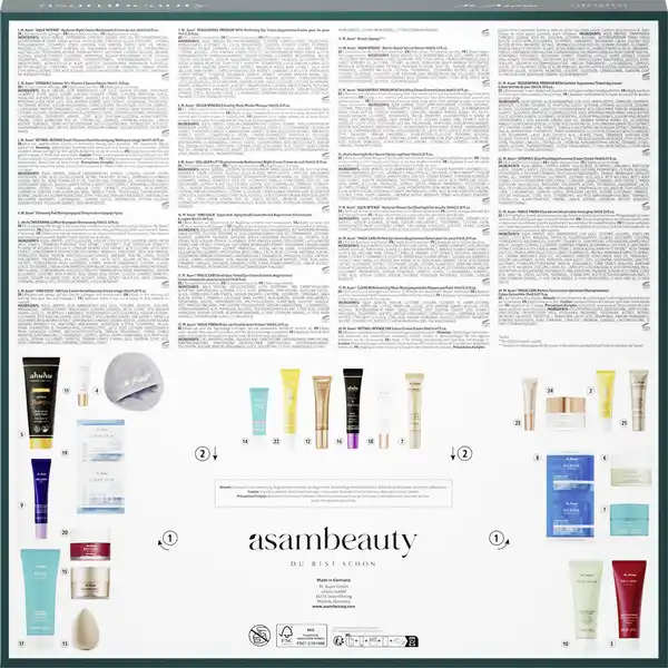 Los productos del Calendario Asambeauty 2025 en la parte trasera de la caja