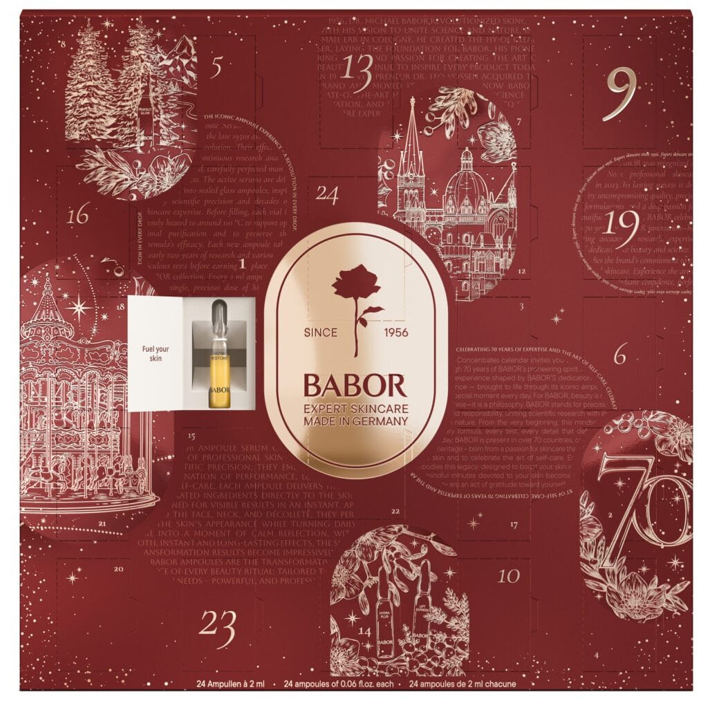 La caja del Calendario de adviento Babor 2026 con una de las ampollas que contiene