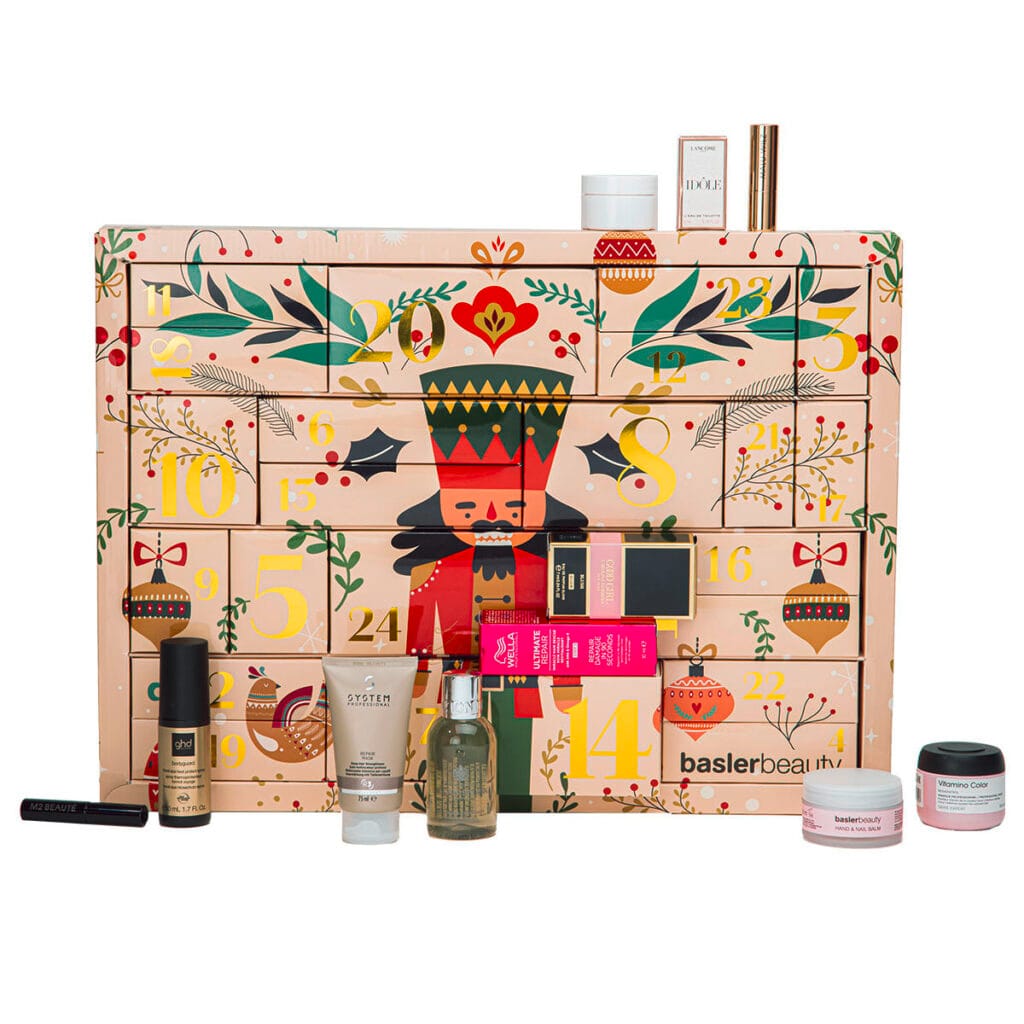 La caja del Calendario de adviento Baslerbeauty 2025 inspirada en El Cascanueces con algunos de los productos que contiene