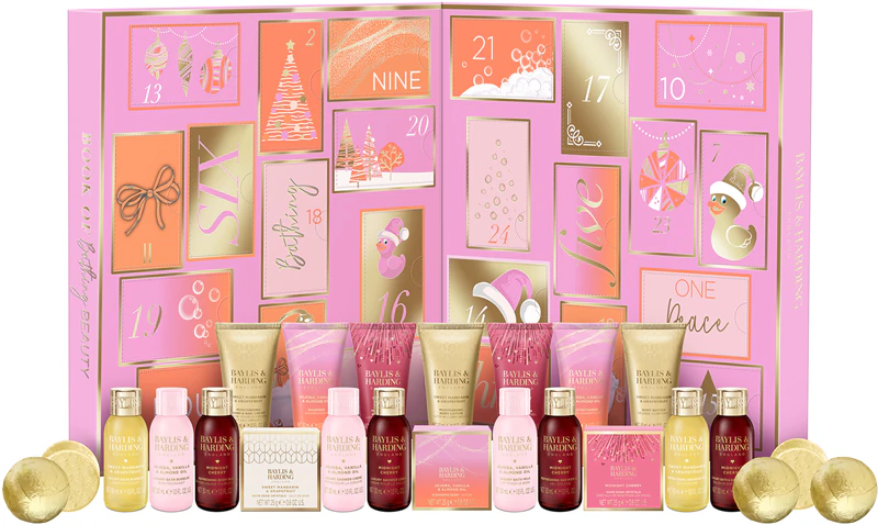 La caja y los productos del Calendario de adviento Baylis & Harding 2025 "Book of 24 Bathing Beauty Treats"