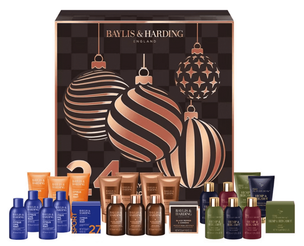 La caja y los productos del Calendario Baylis & Harding 2025 "24 Days of Grooming"