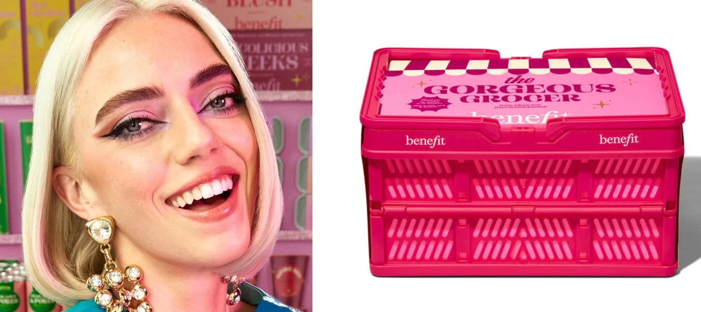 Una mujer con maquillaje de Benefit y a la derecha, la cesta fucsia en que se presenta este año su calendario de Adviento
