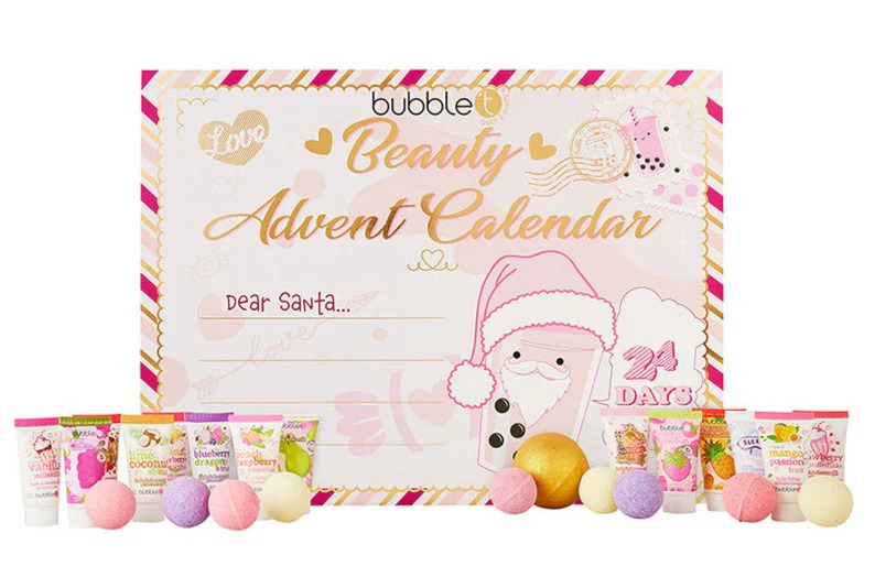 La caja y los productos del Calendario de Adviento Bubble T 2023