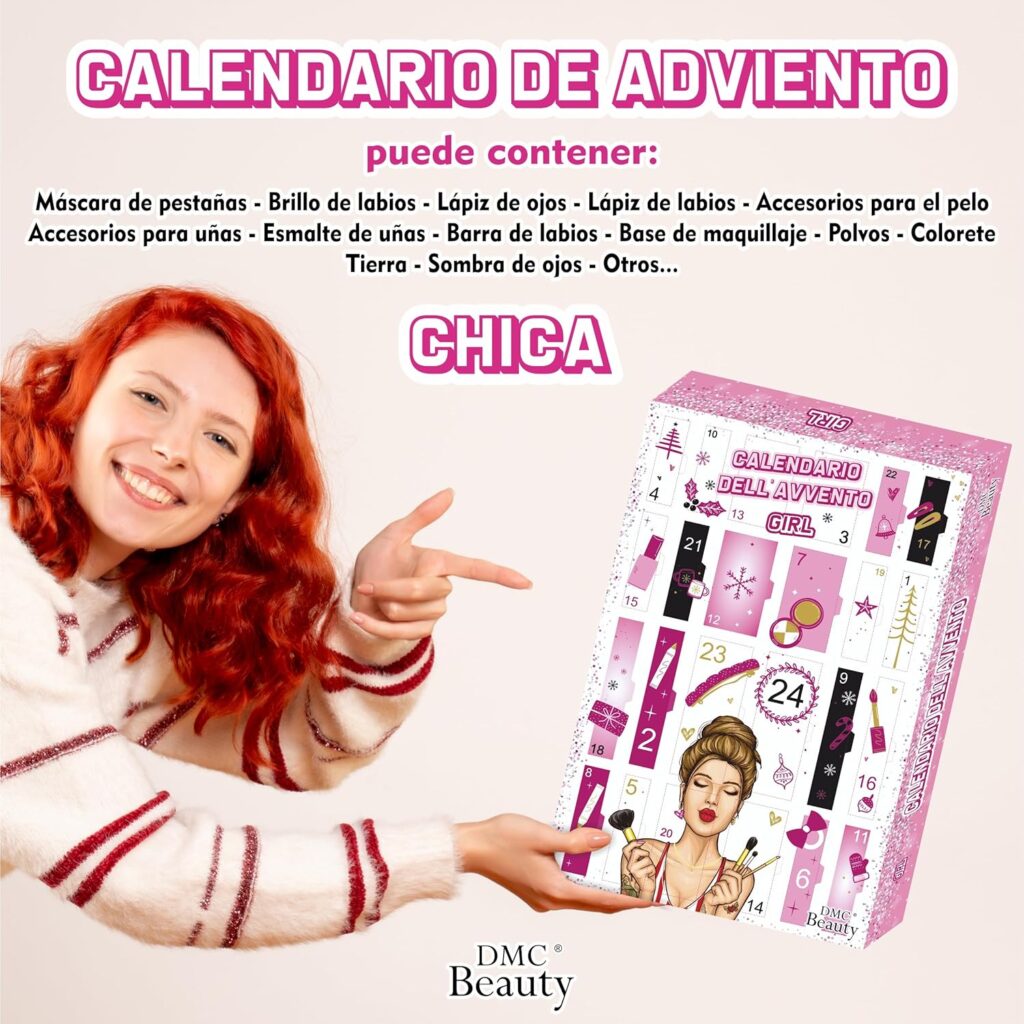 Una chica con la caja del Calendario DMC Beauty 2024 y una leyenda sobre su contenido