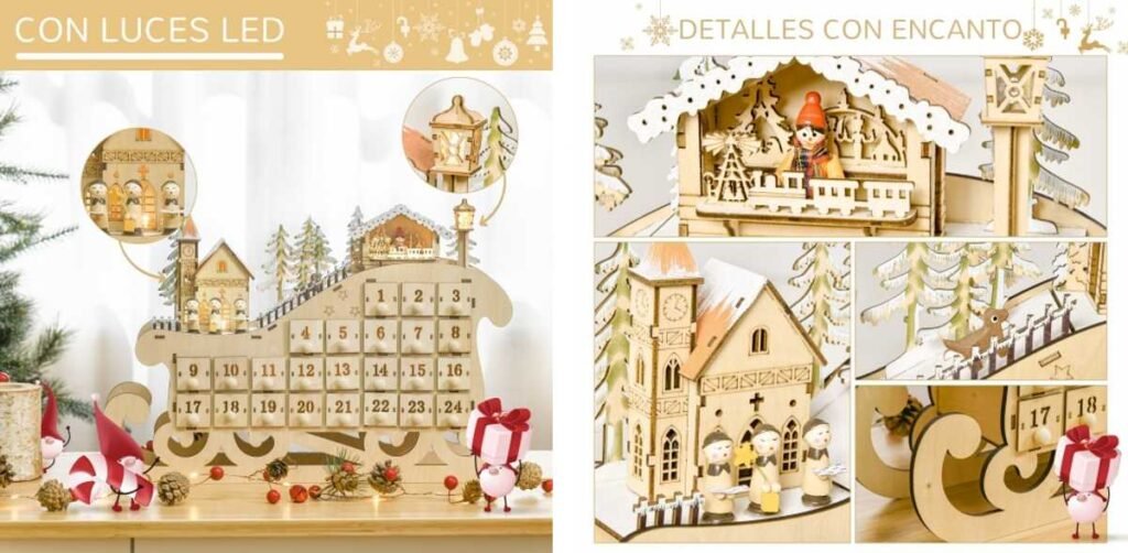 Calendario De Adviento De Madera Con Luces LED – 24 Cajones, Reutilizable, Decoración Navideña 2025, Efecto 3D