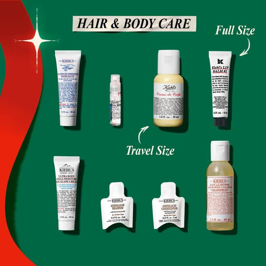 Productos de cuidado corporal y capilar del Calendario de adviento Kiehl's 2026