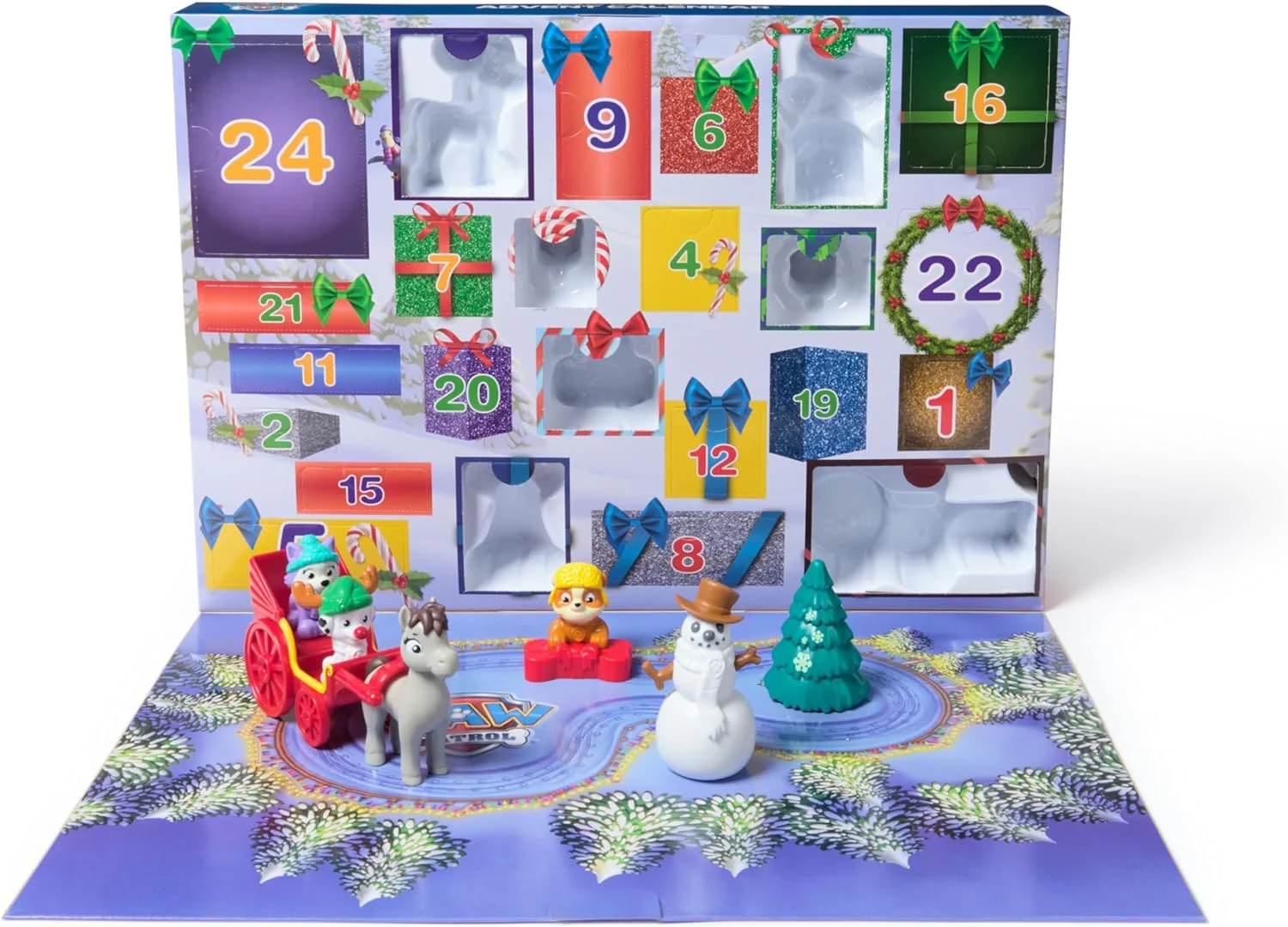 El tapete de juego desplegable y las figuras del Calendario de Adviento de La Patrulla Canina 2024