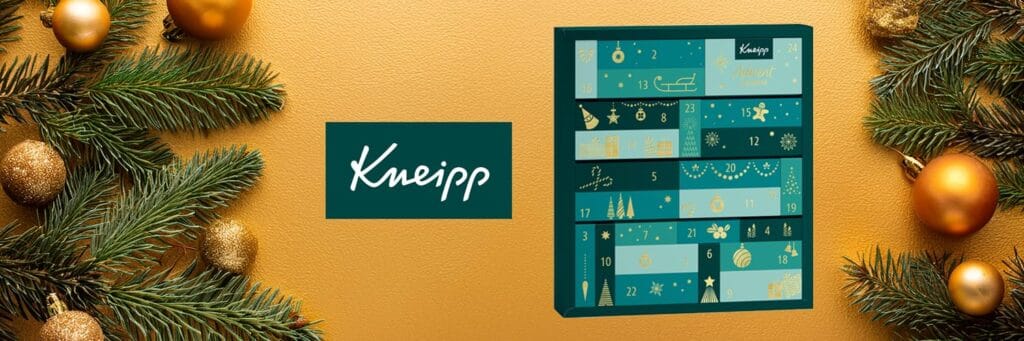 Imagen navideña promocional del Calendario de adviento Kneipp 2025 junto al logo de la marca