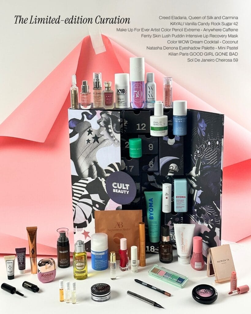 La caja y los productos del Calendario de adviento Cult Beauty 2025 "The Limited-edition Curation"