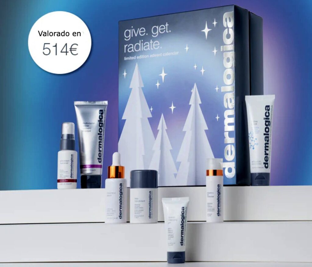 La caja y algunos de los productos del Calendario de Adviento Dermalogica 2024