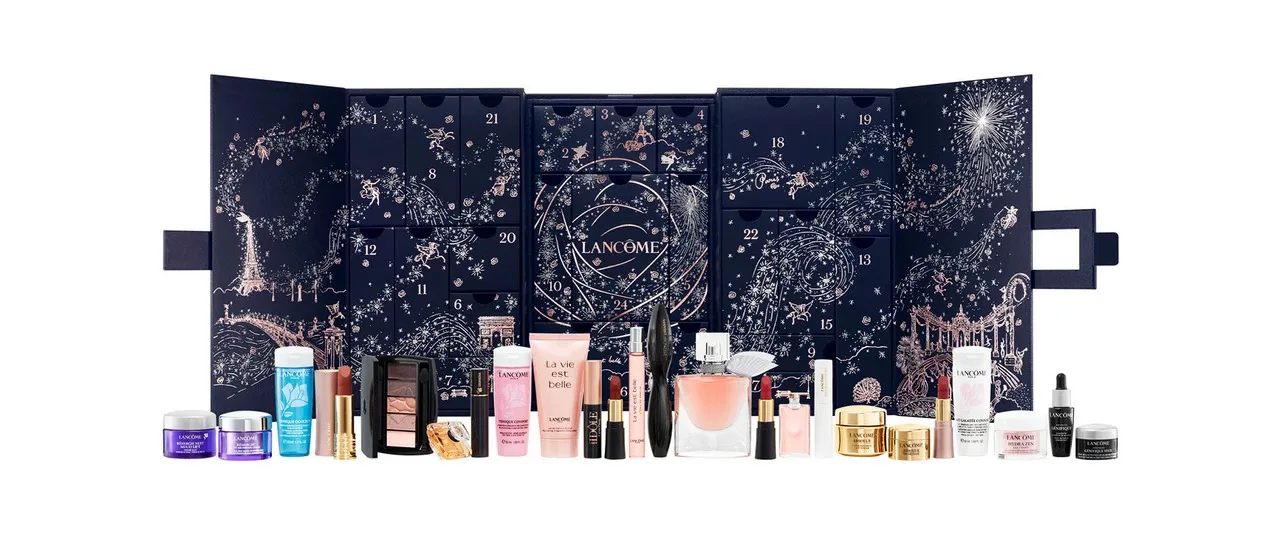 La caja abierta del Calendario de Adviento Lancôme 2024 con los 24 productos que contiene La caja abierta del Calendario de Adviento Lancôme 2024 con los 24 productos que contiene