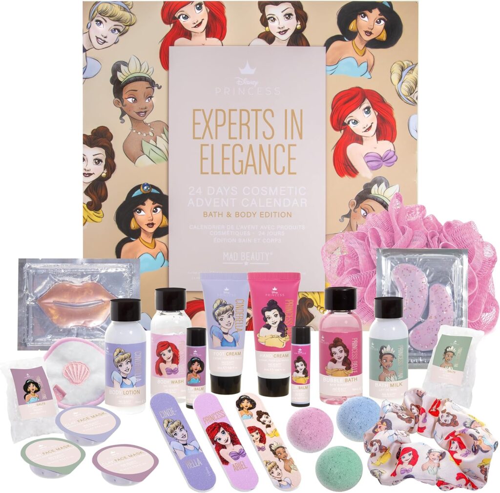 La caja y los productos del Calendario de Adviento Princesas Disney de Mad Beauty 2024