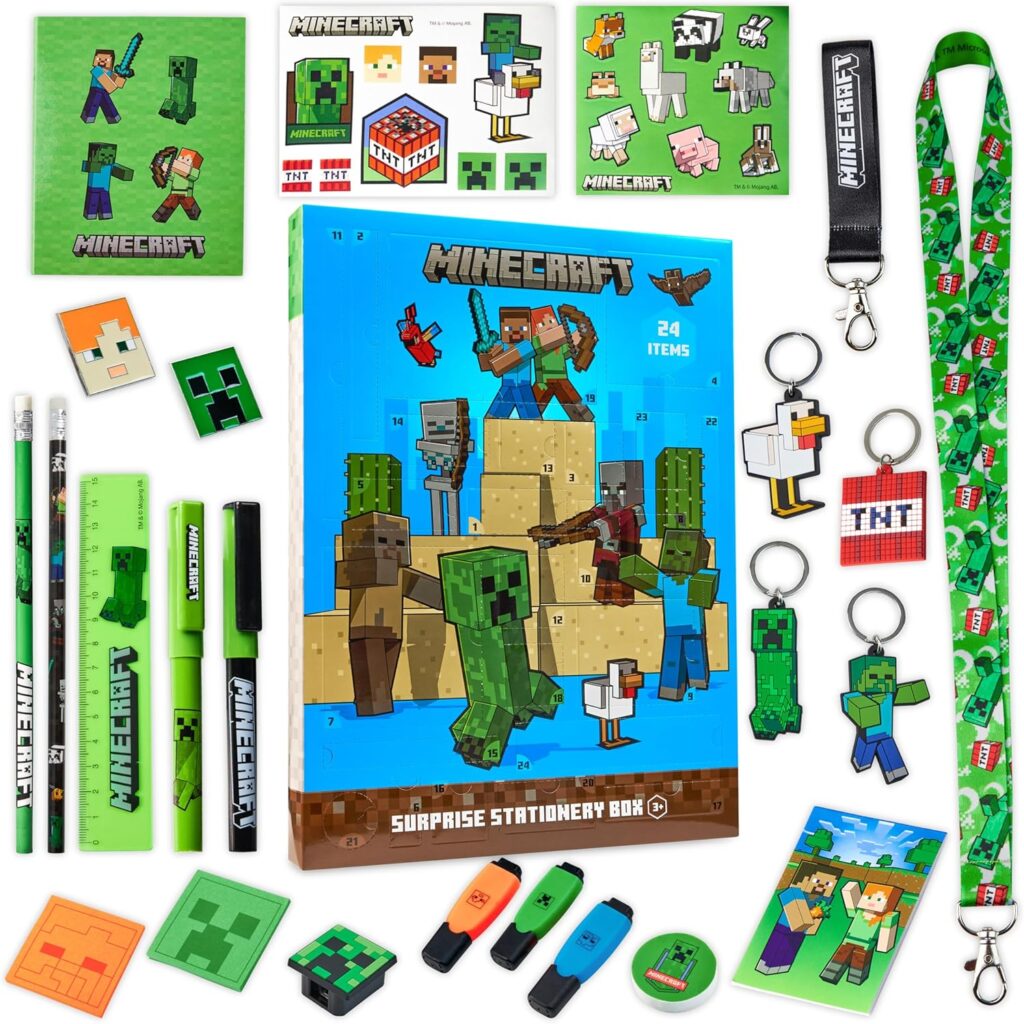 La caja y los productos del Calendario de Adviento Minecraft 2018 de papelería