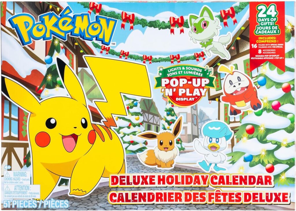 La caja de un calendario de adviento de Pokémon "Pop-Up 'N' Play", con varios de los protagonistas en la portada