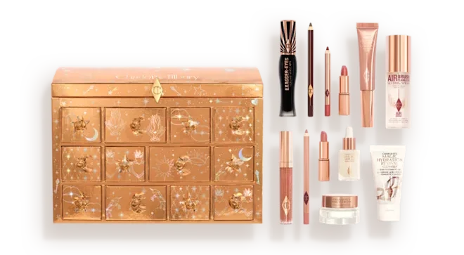 La caja y los productos del Calendario Charlotte Tilbury 2025