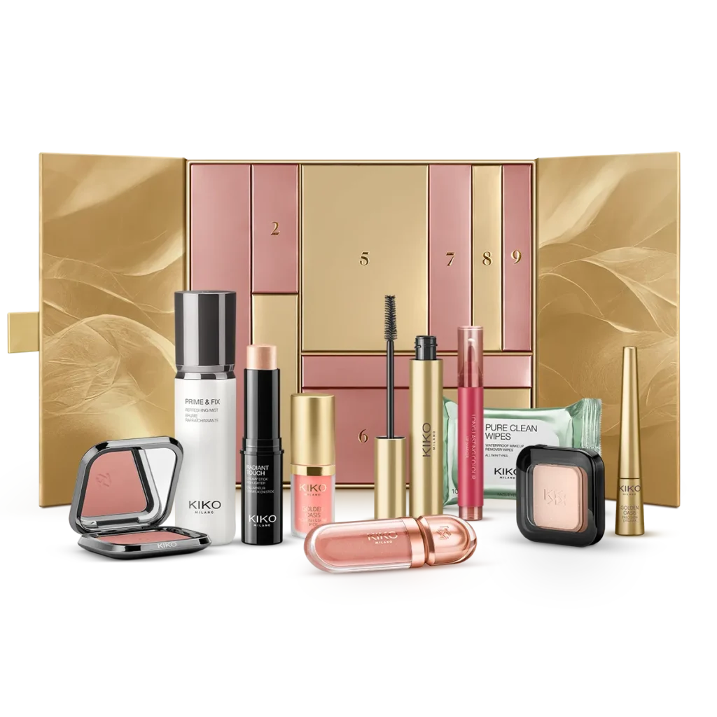 Calendario Golden Oasis 10 Days of Beauty 2025 de Kiko Milano, por 76,50 euros 1 La caja dorada y los 10 productos del Calendario Golden Oasis de Kiko Milano