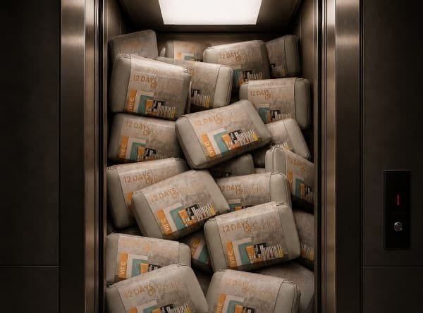 Calendario de adviento Rodial 2026 Cajas del Calendario de adviento Rodial 2026 apiladas en un ascensor