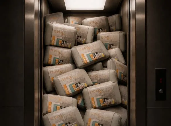 Cajas del Calendario de adviento Rodial 2026 apiladas en un ascensor