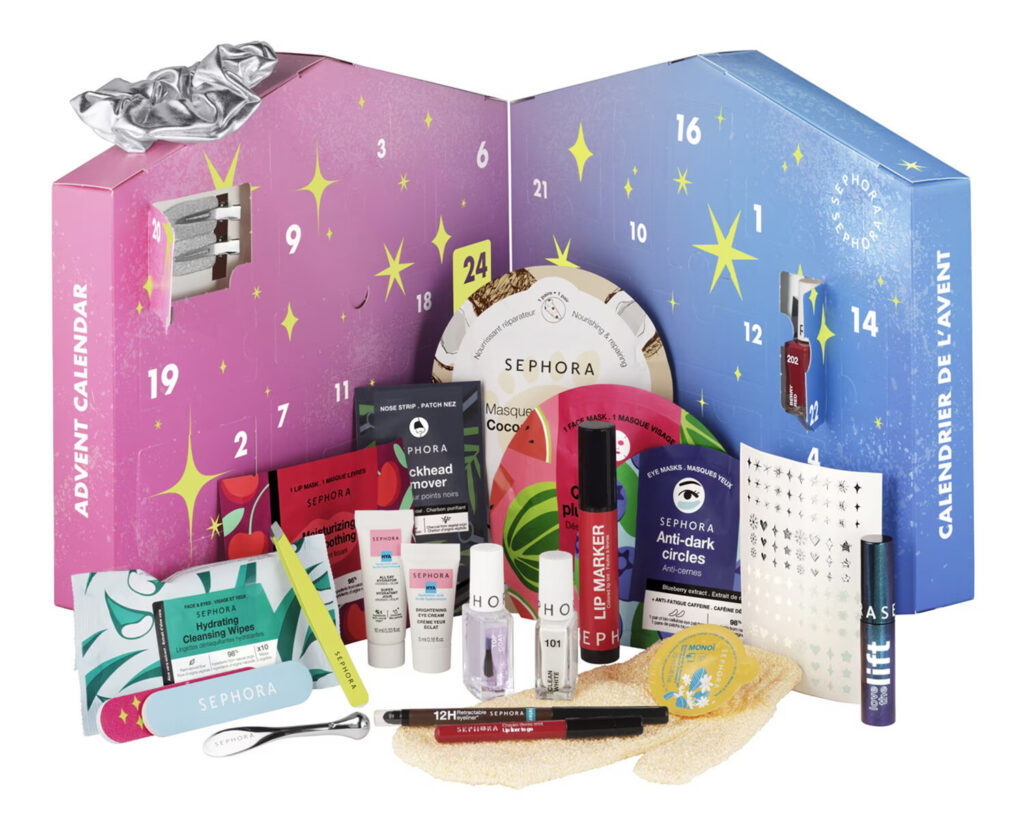 La caja y los productos del Calendario Sephora Collection 2024 Moving Lights