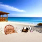 Productos del Calendario de Verano de Notino 2025 sobre la arena del mar