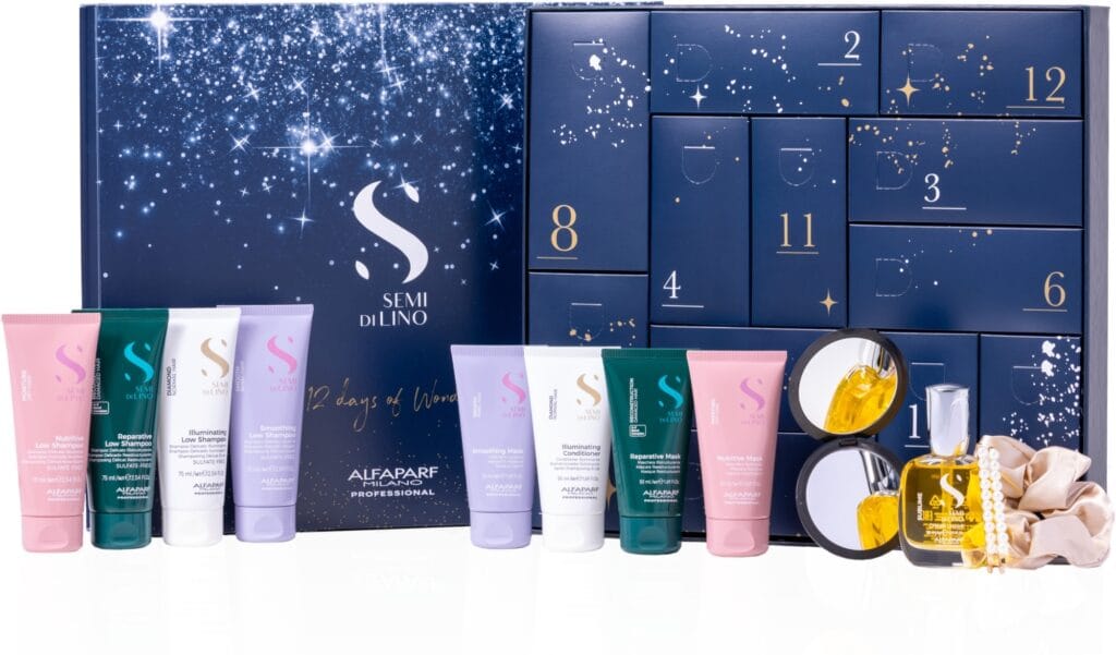 La caja y los productos del Calendario de adviento Alfaparf Milano 2025 La caja y los productos del Calendario de adviento Alfaparf Milano 2025