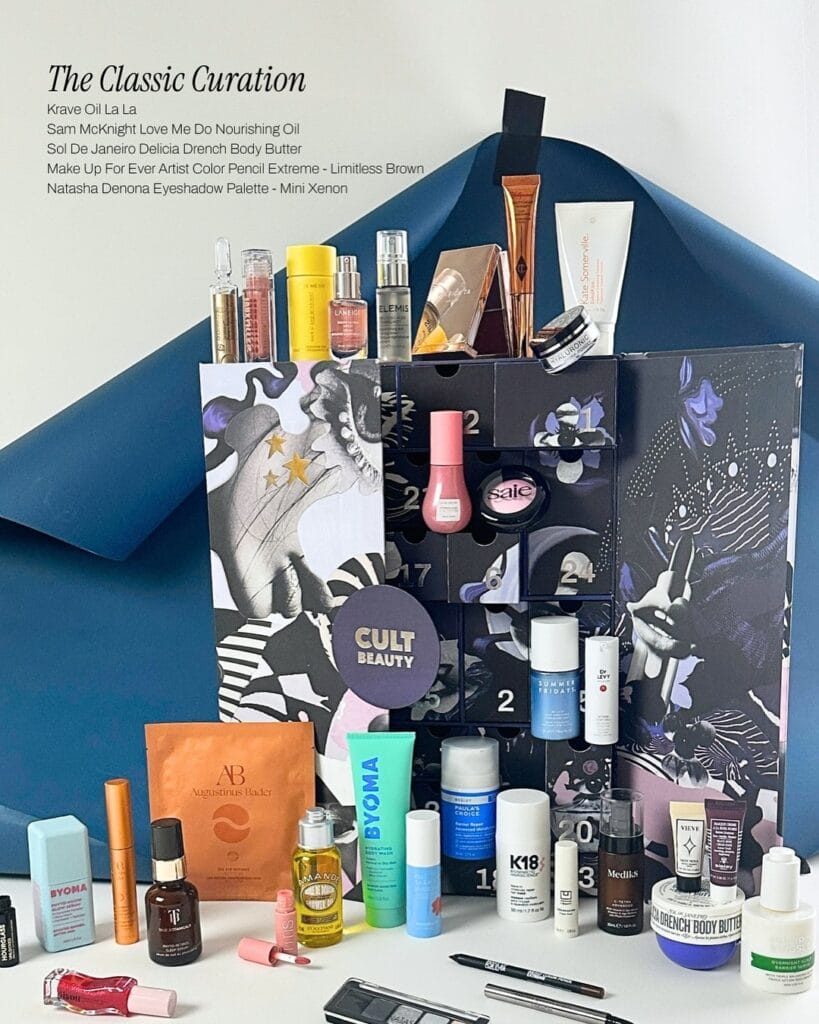 La caja y los productos del Calendario de adviento Cult Beauty 2025 "The Classic Curation"