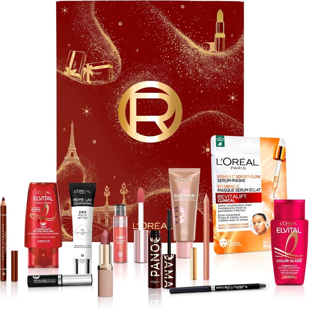 La caja y los productos del Calendario de adviento L'Oréal Paris 2026 de 12 puertas