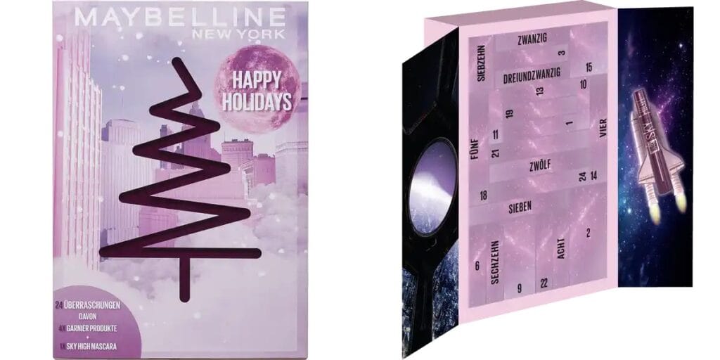 La caja por fuera y por dentro del Calendario de adviento Maybelline 2025 alemán