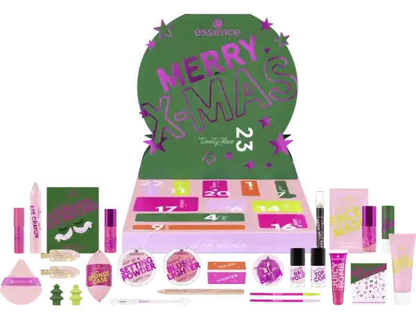 La caja y los productos del Calendario de Adviento Essence 2025 "Little X-Mas Wonder"