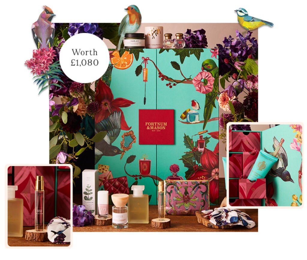 La caja del Calendario de Adviento Fortnum & Mason 2024, decorado con fauna y flora de temporada