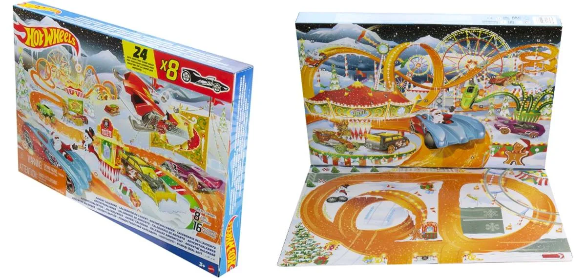 La caja del calendario Hot Wheels 2022 y el tapete de juego desplegado.