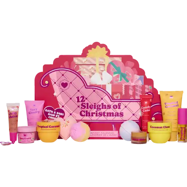 La caja y los productos del Calendario de adviento Revolution 12 Sleighs of Christmas 2025