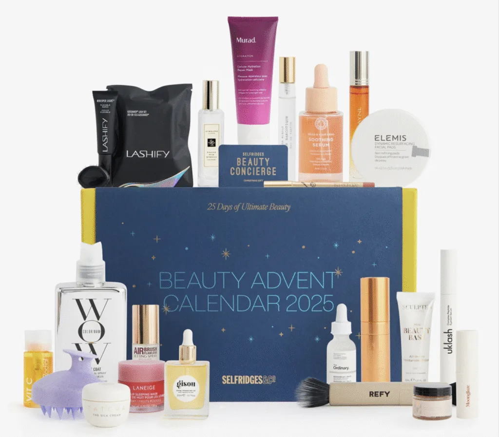 La caja y los productos del calendario de adviento Selfridges 2025