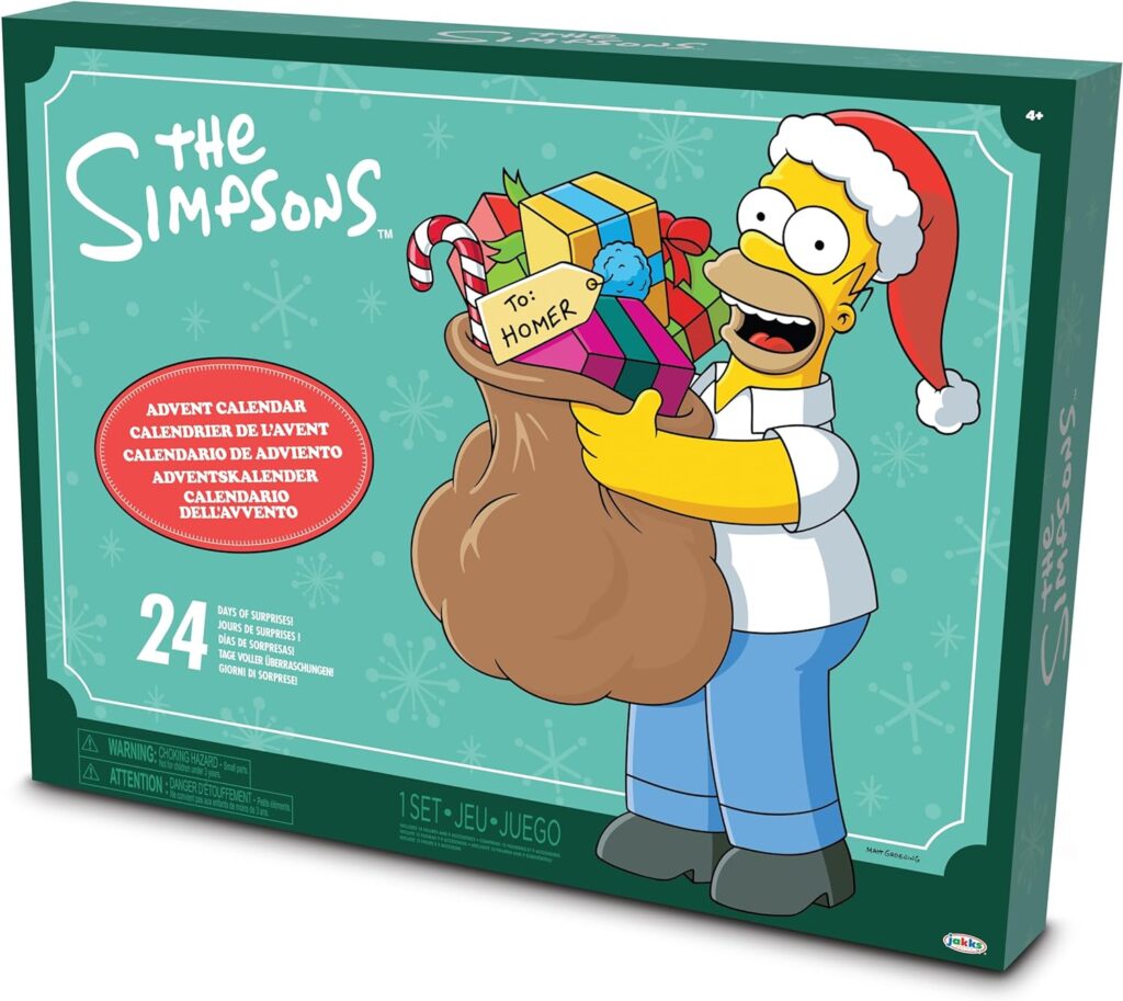 Hommer Simpson con una bolsa de regalos y gorro de Papá Noel en la portada del Calendario de Adviento de Los Simpson 2024