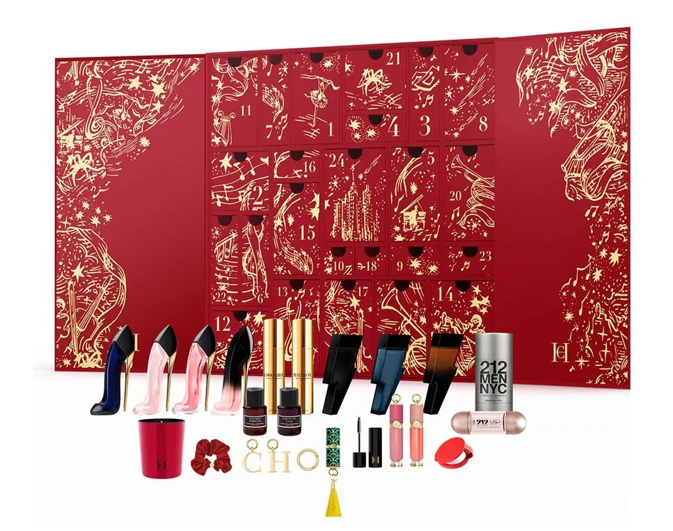 La caja y los productos del Calendario de adviento Carolina Herrera 2025