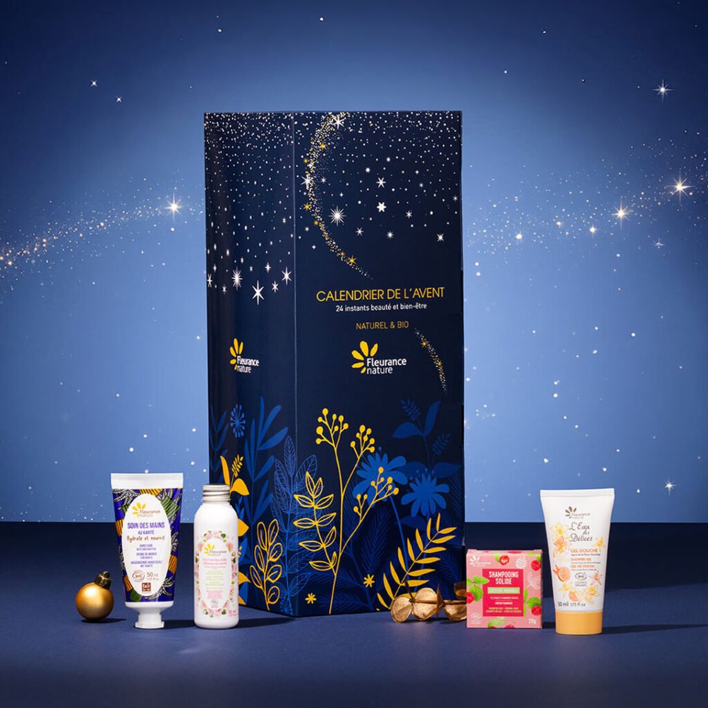 La caja y algunos productos del Calendario de adviento Fleurance Nature 2026 "Noche Estrellada"