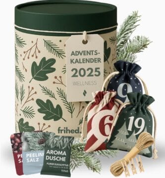 La caja cilíndrica en tonos verdes del Calendario de adviento Frihed 2025