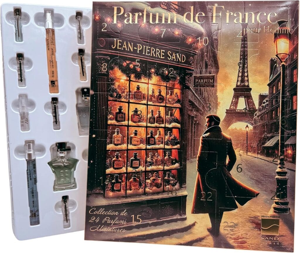 La caja y algunos perfumes del Calendario de adviento Jean-Pierre Sand 2025 para hombre