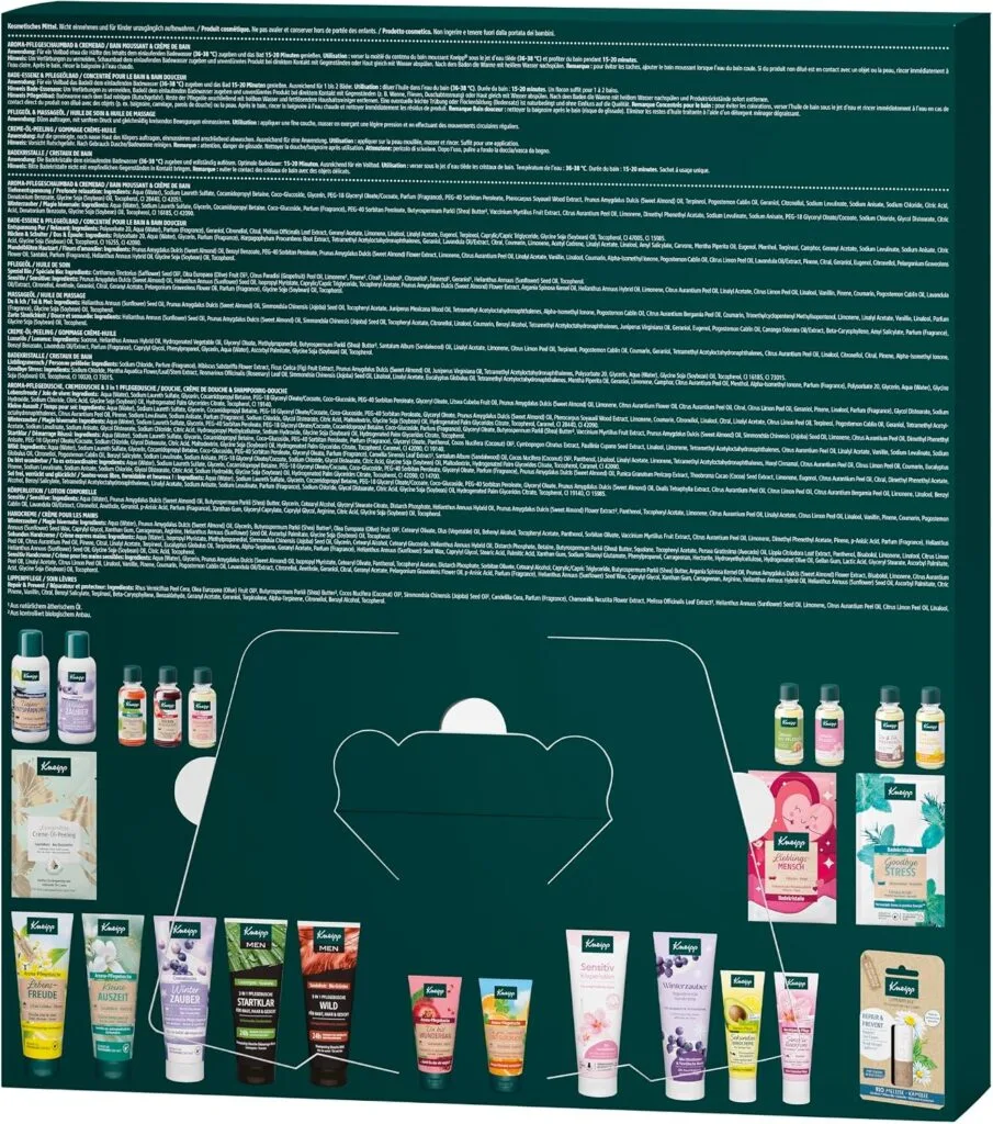 El Calendario de adviento Kneipp 2026 La parte trasera de la caja del Calendario de adviento Kneipp 2026, donde muestra los productos incluidos.