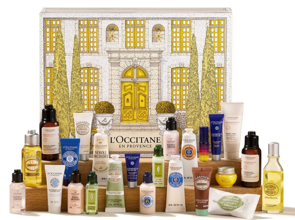 La caja y los 24 productos del Calendarios de adviento L'Occitane 2025