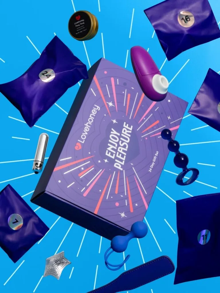 La caja y los productos del Calendario de adviento Lovehoney Enjoy Pleasure 2025