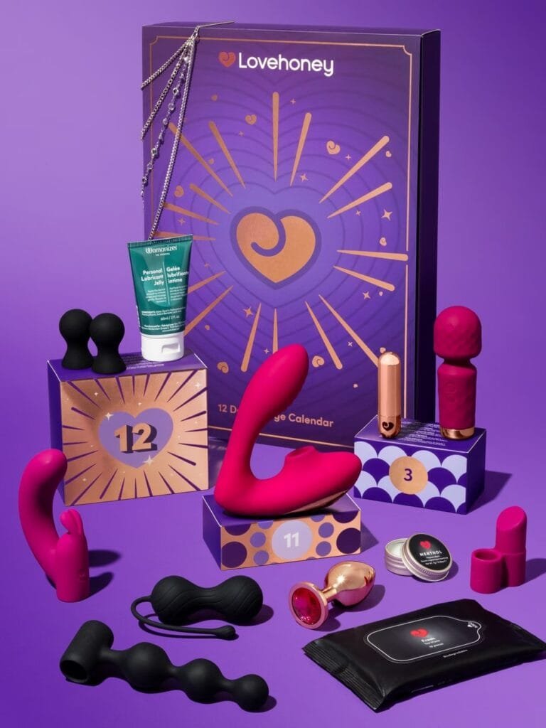 La caja y los productos del Calendario de adviento Lovehoney Indulge 2026 (12 días)