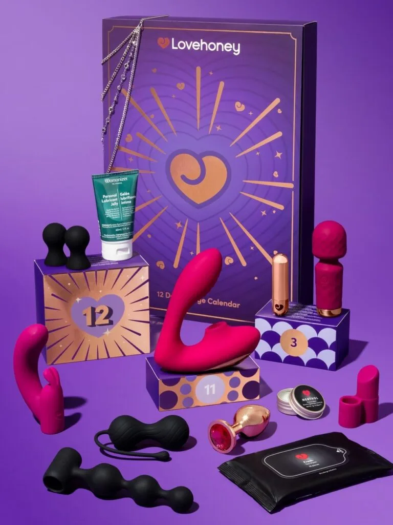 La caja y los productos del Calendario de adviento Lovehoney Indulge 2026 (12 días)